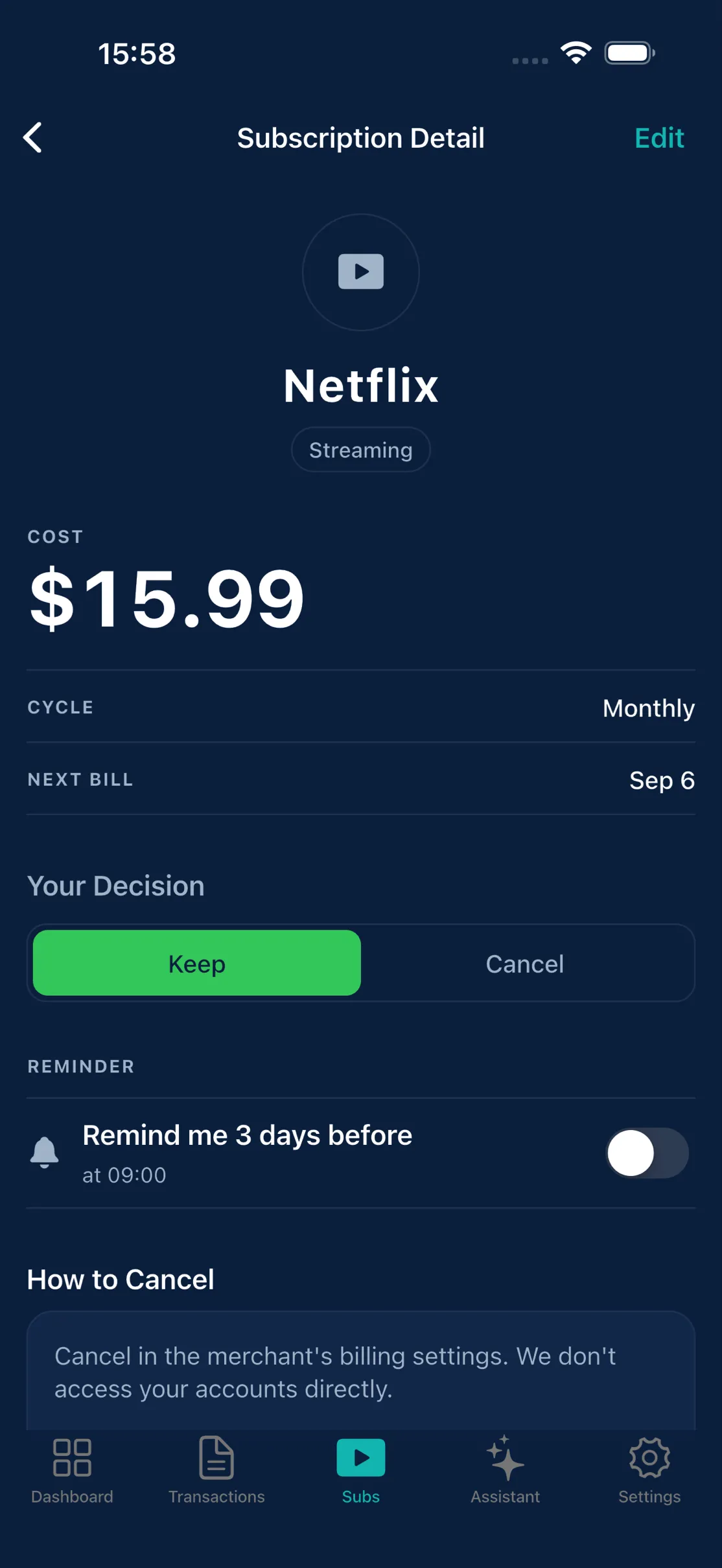 A subscription's detail screen with Keep and Cancel choices and the steps to cancel it.
